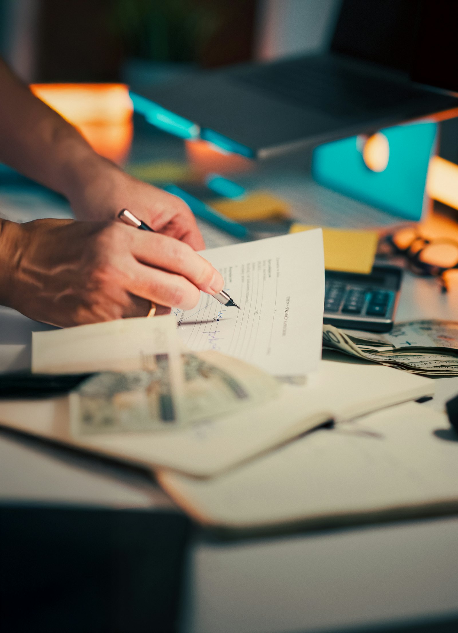 Hands signing a document at a desk, representing the DOE grant application and funding agreement process